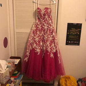 Pink & White Floral Strapless Ballgown Prom Dress